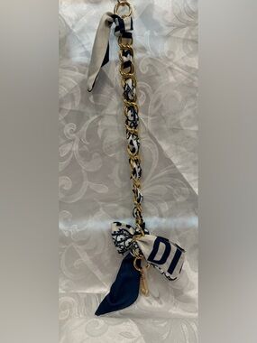 Gold Chain Purse charm strap with Navy and White Stripe.17” New